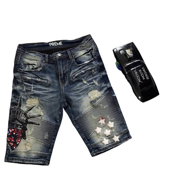 Preme NWOT Medium Wash Distressed Jean Shorts Men W32 - Picture 1 of 10